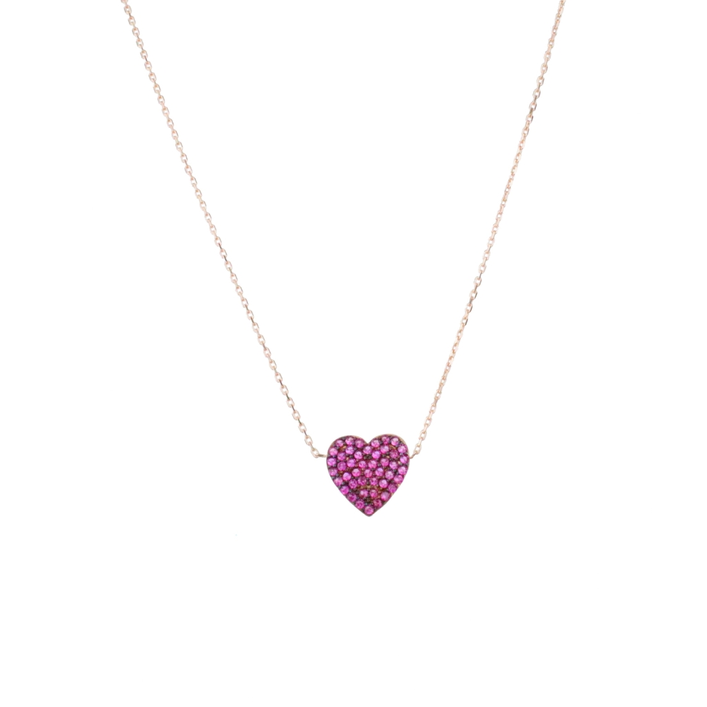 Kalp Figürlü Pembe Zirkon Taşlı Gold Rose Gümüş Kolye
