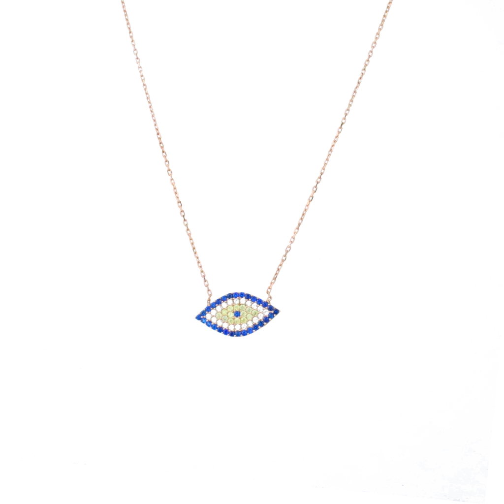 Göz Şeklinde Boncuğu Motifli Gold Rose Gümüş Kolye