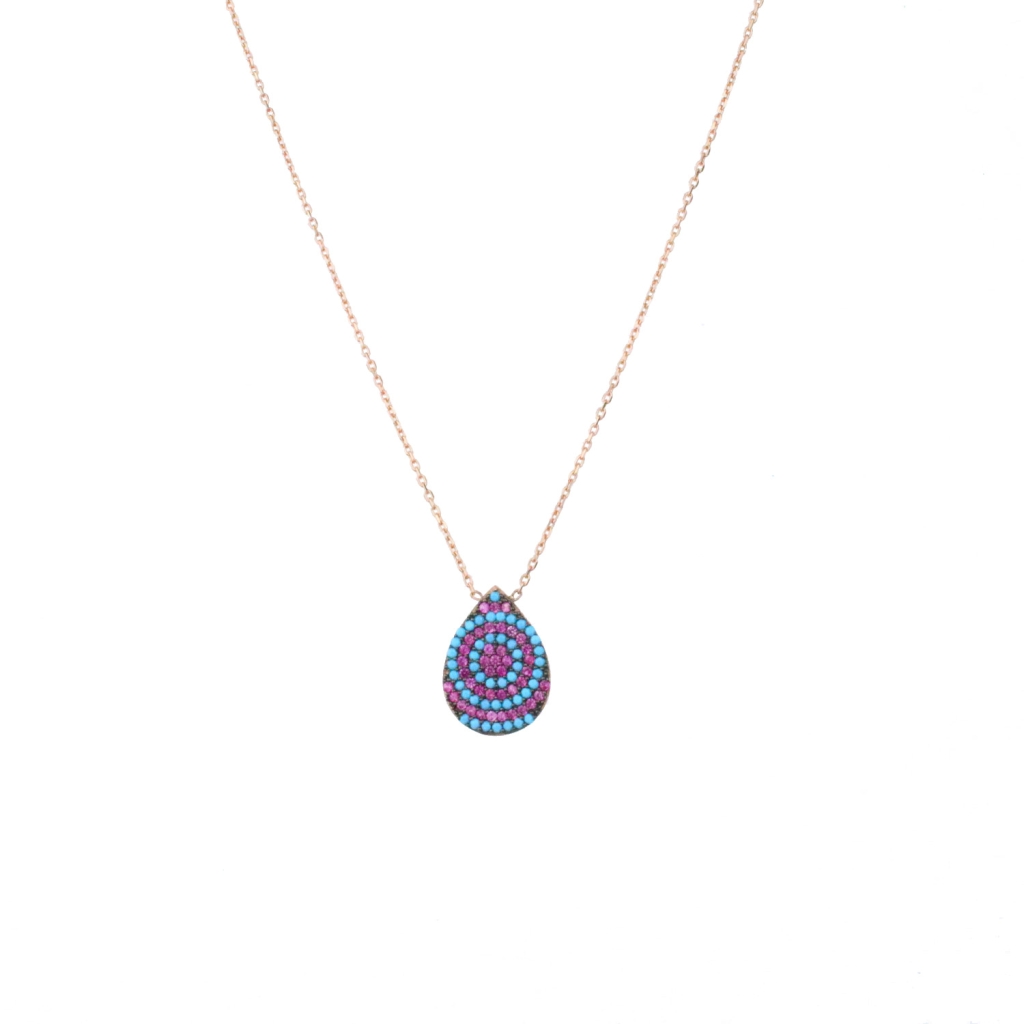Damla Model Firuze Ve Zirkon Taşlı Gold Rose Gümüş Kolye