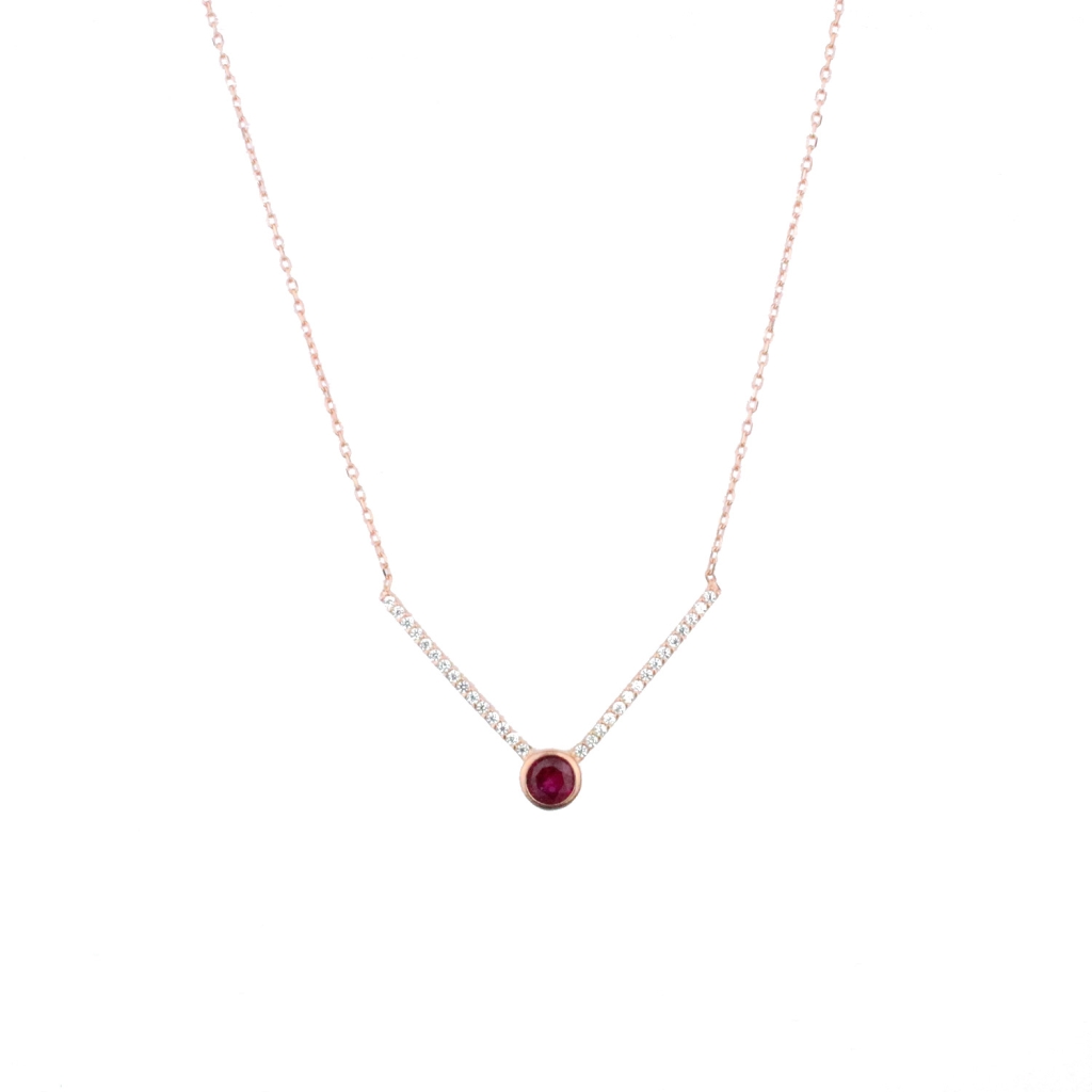 Fuşya Ve Beyaz Zirkon Taşlı Gold Rose Gümüş Dekolte V Kolye