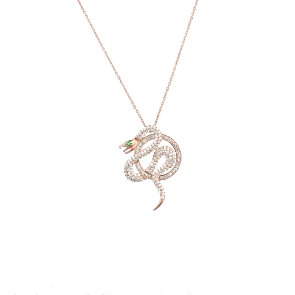 Zirkon Taşlı Halkaya Sarılmış Gold Rose Gümüş Yılan Kolye