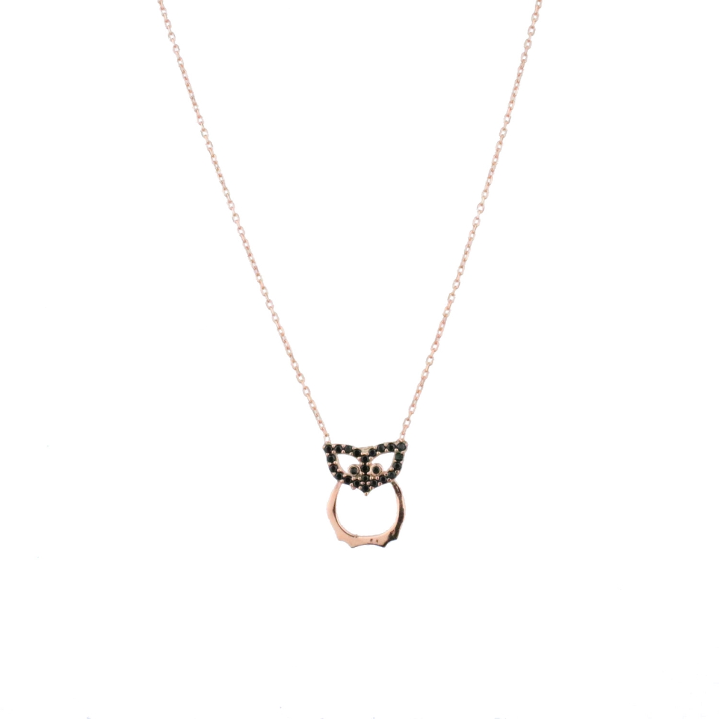 Siyah Zirkon Taşlı Gold Rose Gümüş Baykuş Kolye