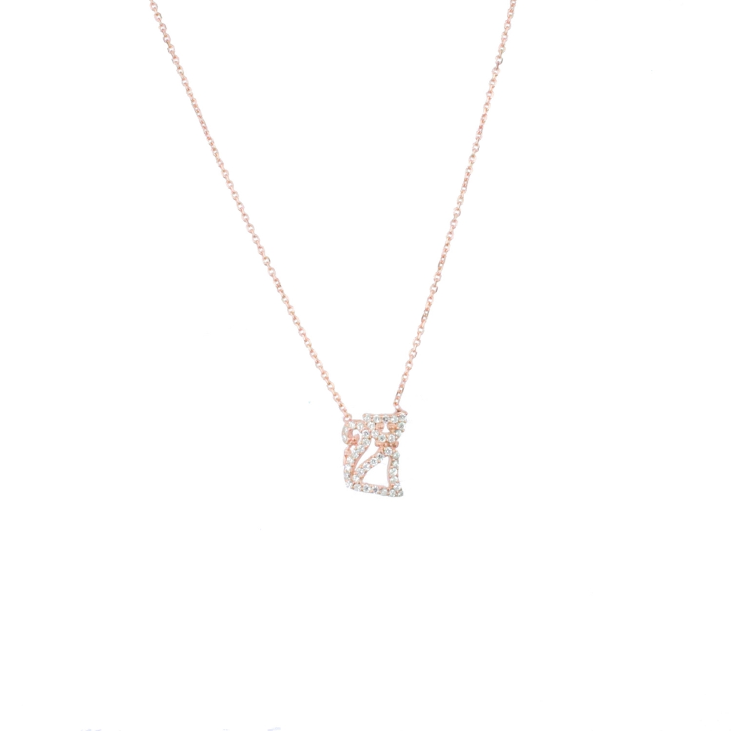 Kedi Figürlü Zirkon Taşlı Gold Rose Gümüş Kolye 