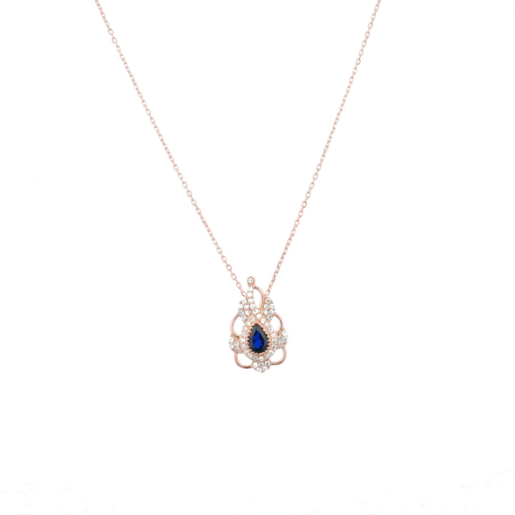 Damla Model Mavi Beyaz Zirkon Taş İşlemeli Gold Rose Gümüş Kolye