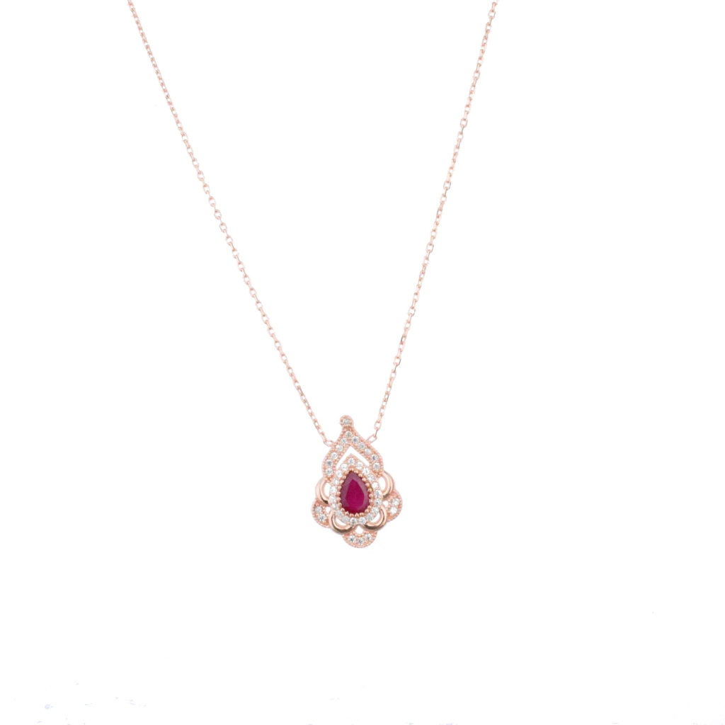 Damla Model Zümrüt Ve Zirkon Taşlı İşlemeli Gold Rose Gümüş Kolye