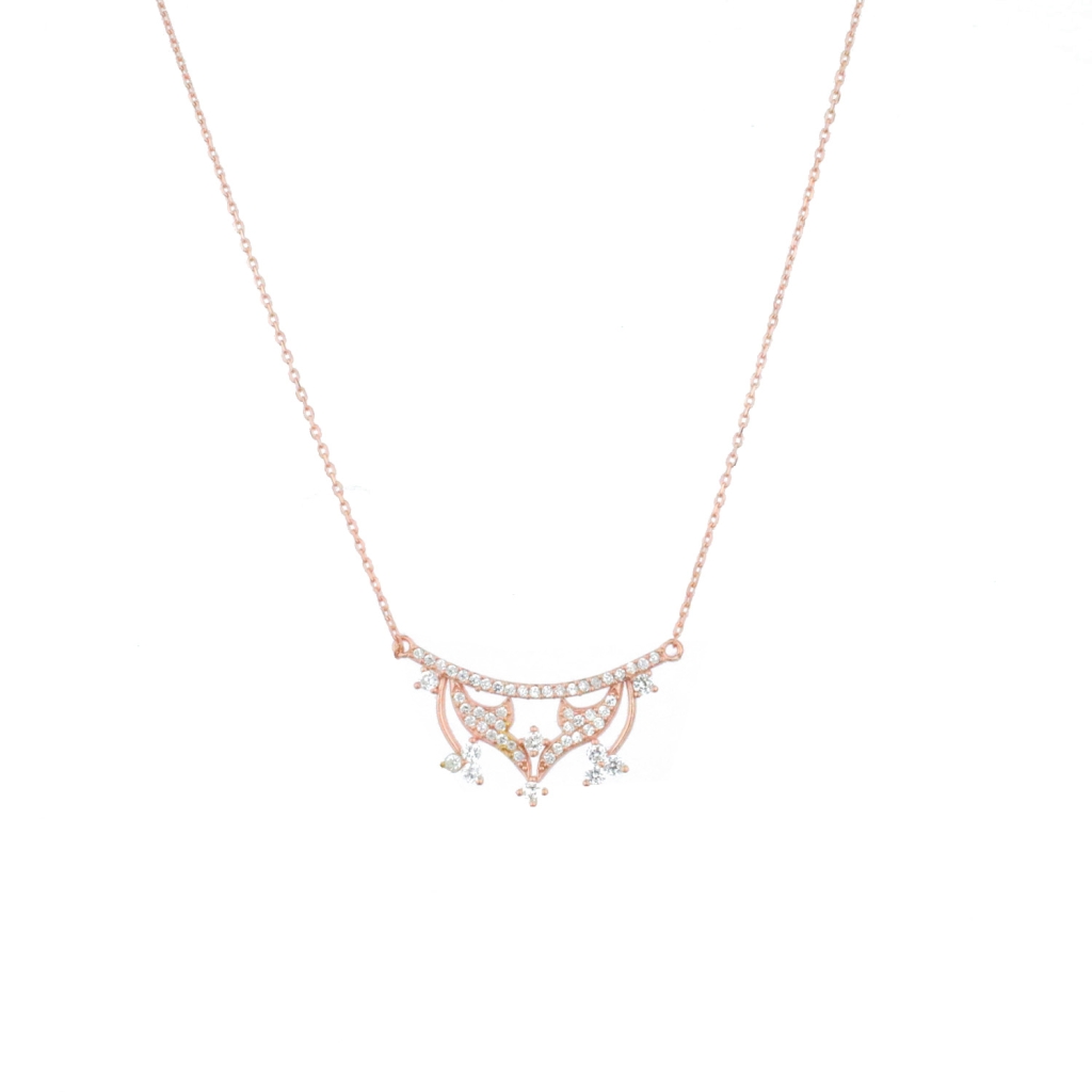 Taç Figürlü Zirkon Taş Gold Rose Gümüş Kolye