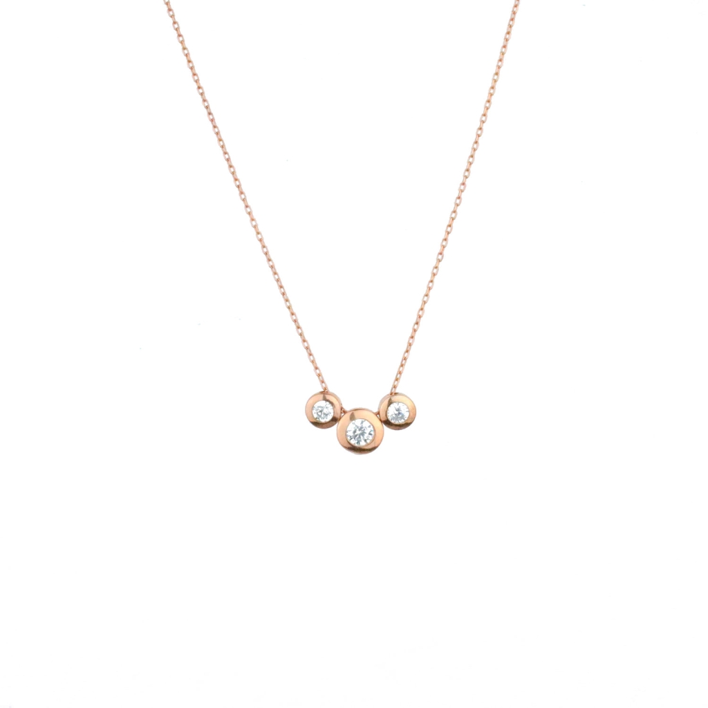 Su Yolu Üç Taşlı Zirkon Taşlı Gold Rose Gümüş Kolye