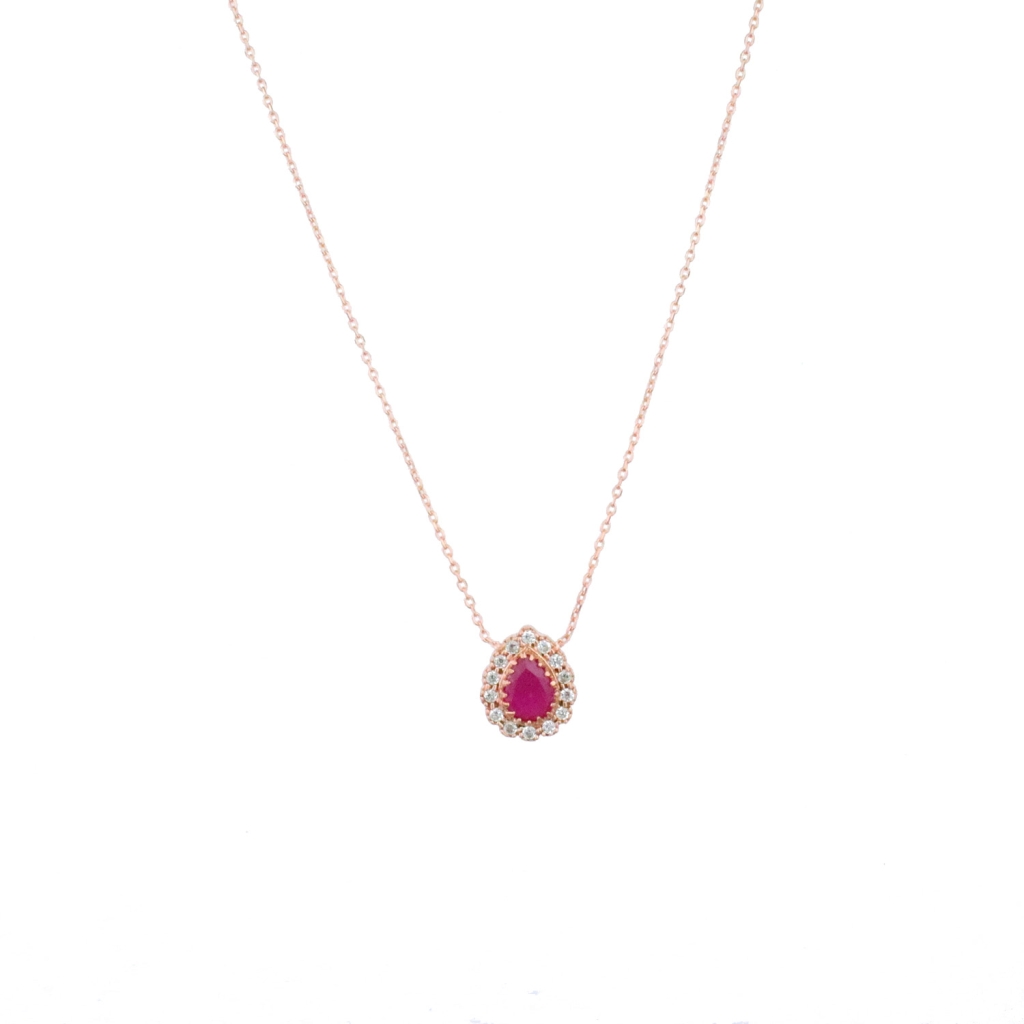 Zirkon Pembe Taşlı Damla Model Gold Rose Gümüş Kolye