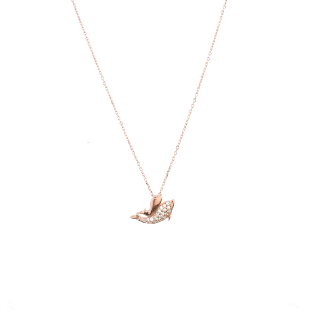 Zirkon Taşlı Yunus Figürlü Gold Rose Gümüş Kolye