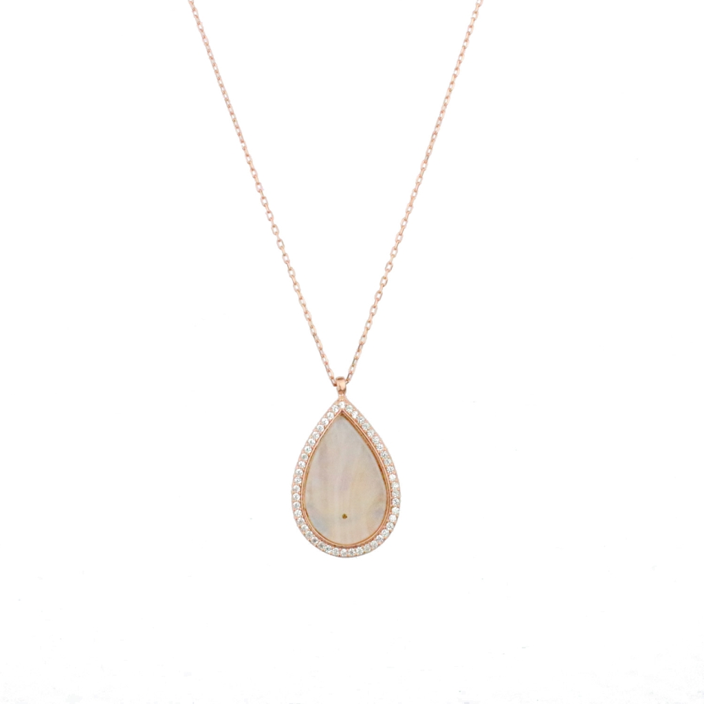 Damla Model Sedefli Zirkon Taş Gold Rose Gümüş Kolye