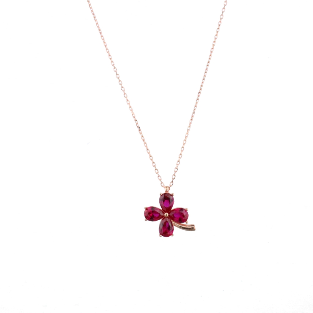 Fuşya Zirkon Kır Çiçeği Gold Rose Gümüş Kolye