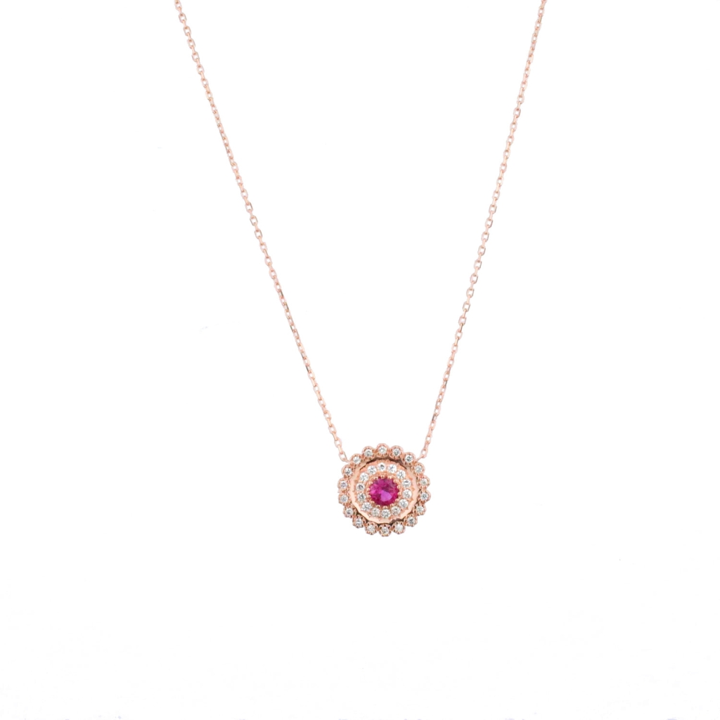 Fuşya Ve Zirkon Taşlı Özel Tasarım Gold Rose Gümüş Kolye