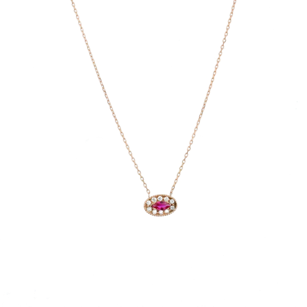 Elips Şekilli Zirkon Pembe Ve Beyaz Taşlı Gold Rose Gümüş Kolye