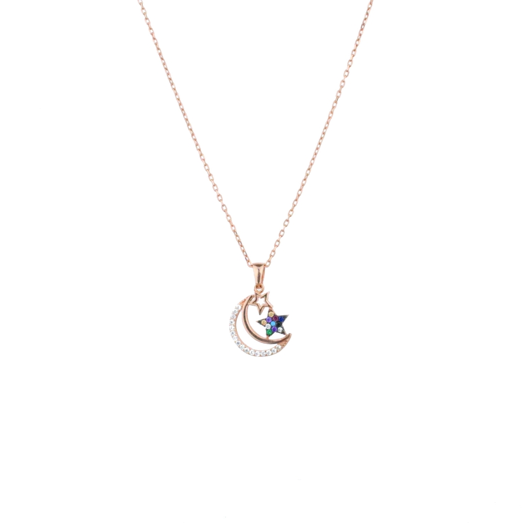 Hilal Ve Yıldız Figürlü Renkli Zirkon Taş Gold Rose Gümüş Kolye