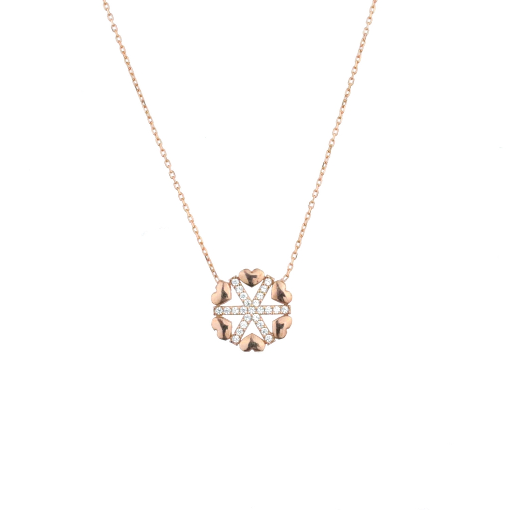 Kar Tanesi Model Kalp Figürlü Zirkon Taş Gold Rose Gümüş Kolye