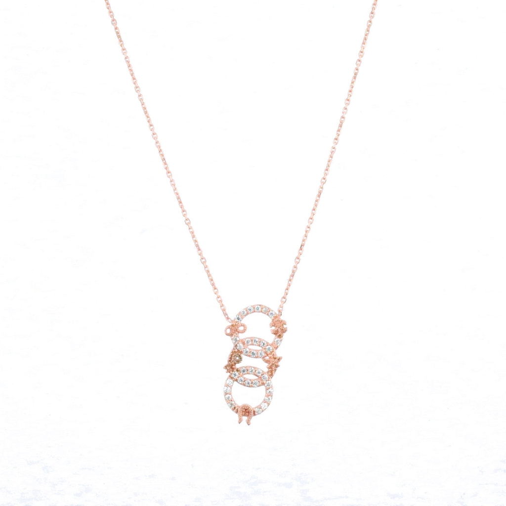 İç İçe Geçmiş Halka Figürlü Zirkon Taş Gold Rose Gümüş Kolye