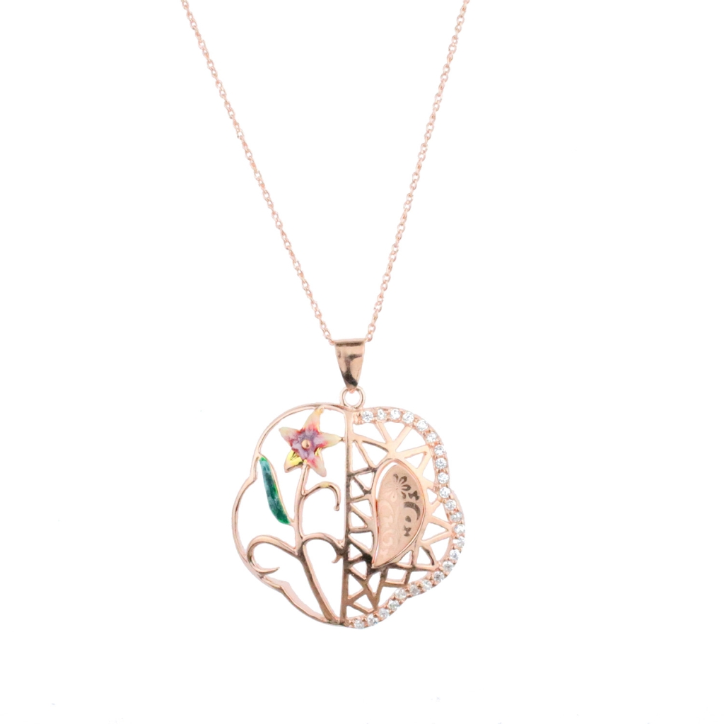 Çiçek Ve Yaprak Motifli Gold Rose Gümüş Tablo Kolye