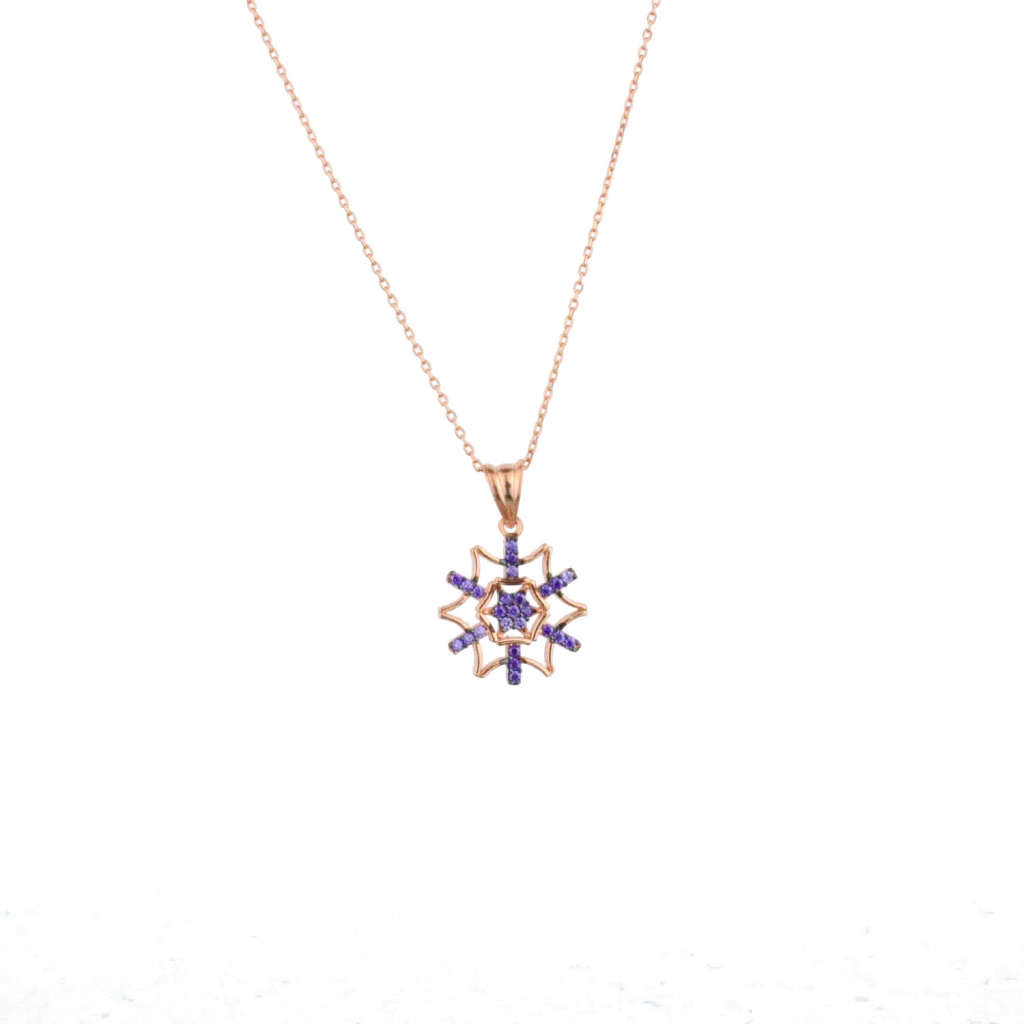 Kar Tanesi Figürlü Mor Zirkon Taşlı Gold Rose Gümüş Kolye