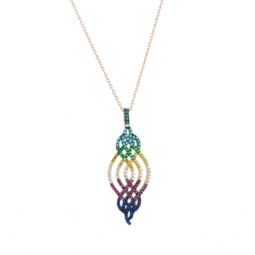Altı Renk Zirkon Taşlı Gold Rose Gümüş Örgü Kolye