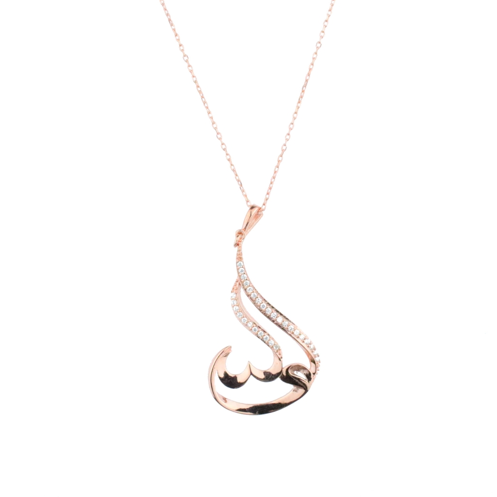 Vav Ve Kalp Figürlü Zirkon Taşlı Gold Rose Gümüş Modern Kolye