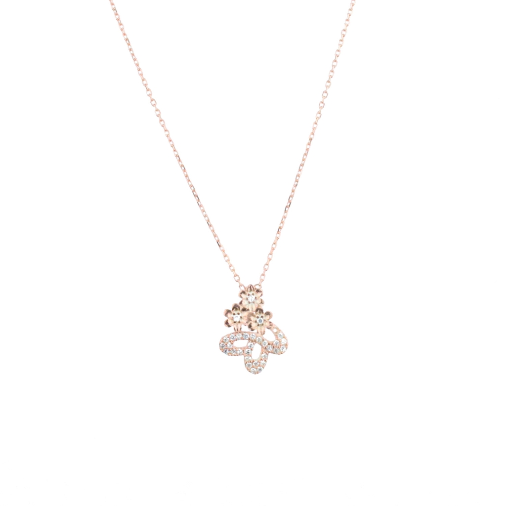 Kelebek Model Çiçek Figürlü Zirkon Taş Gold Rose Gümüş Kolye