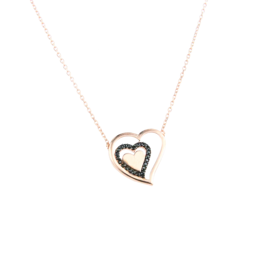 İç İçe Kalp Figürlü Siyah Zirkon Taşlı Rose Gold Gümüş Kolye
