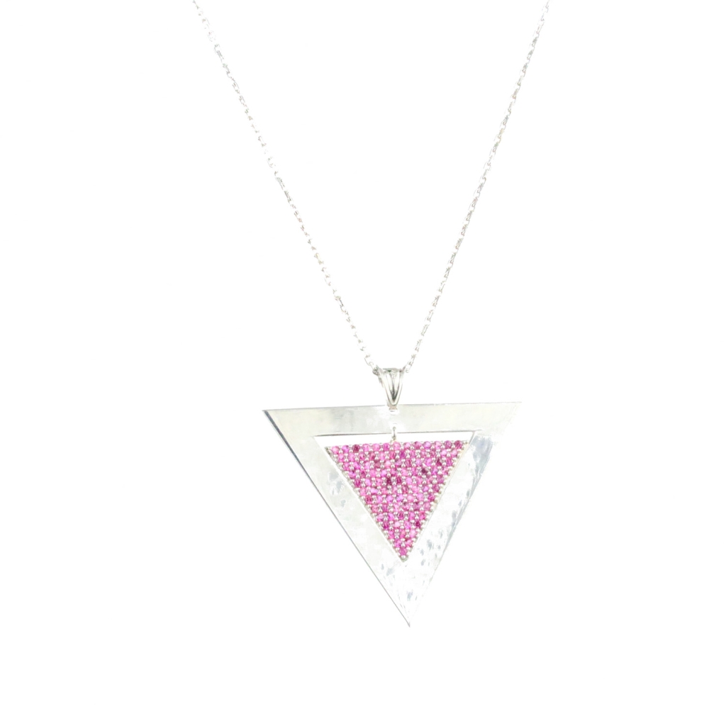 Pembe Zirkon Taşlı İç İçe Üçgen Figürlü Gümüş Kolye