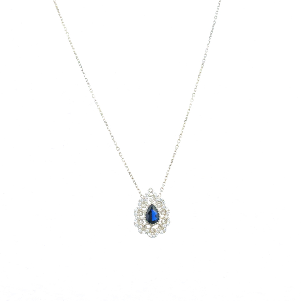 Damla Model Zirkon Safir Taşlı Gümüş Kolye