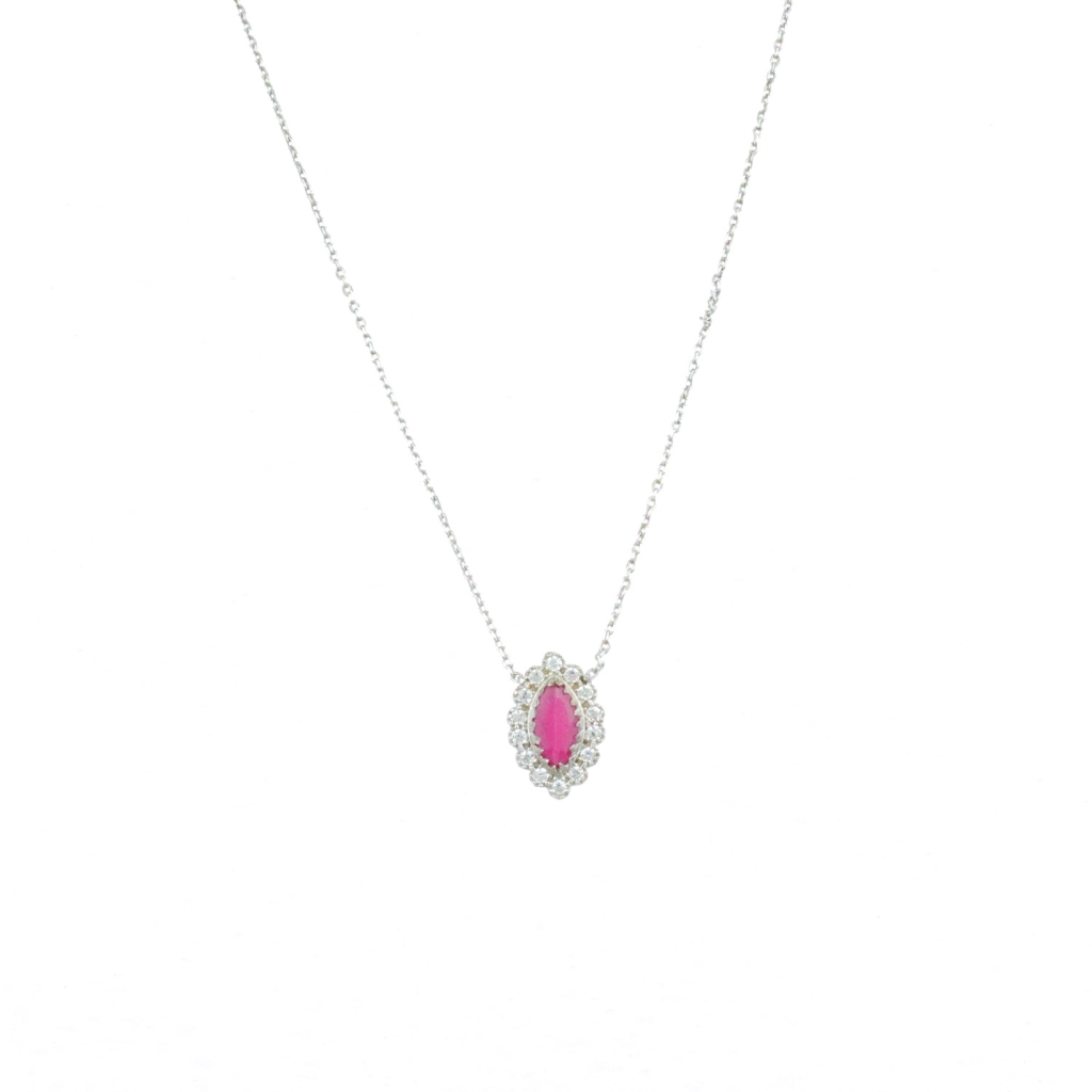 Zirkon Pembe Taşlı Oval Model Gümüş Kolye