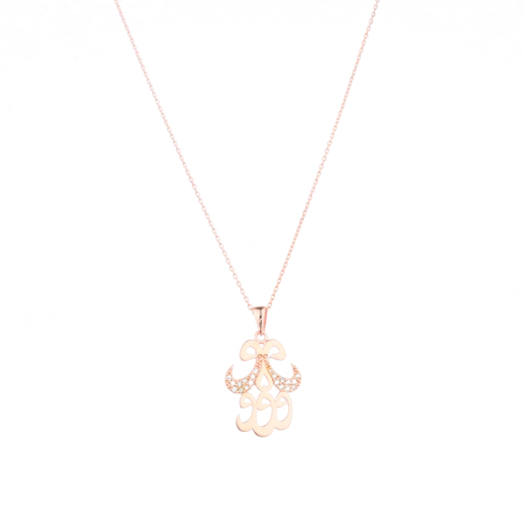 Zirkon Taşlı Beşli Vav Motifli Gold Rose Gümüş Kolye
