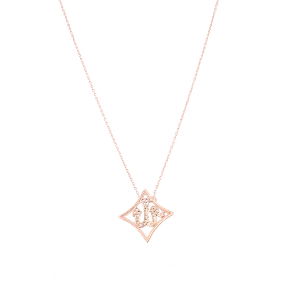 Karo İçinde Allah Motifli El İşçiliği Gold Rose Gümüş Kolye