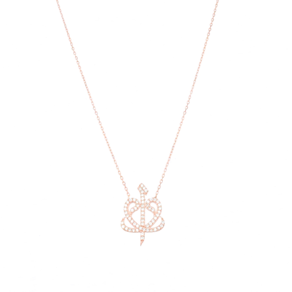 Zirkon Taşlı Elif Vav Gold Rose Gümüş Kolye