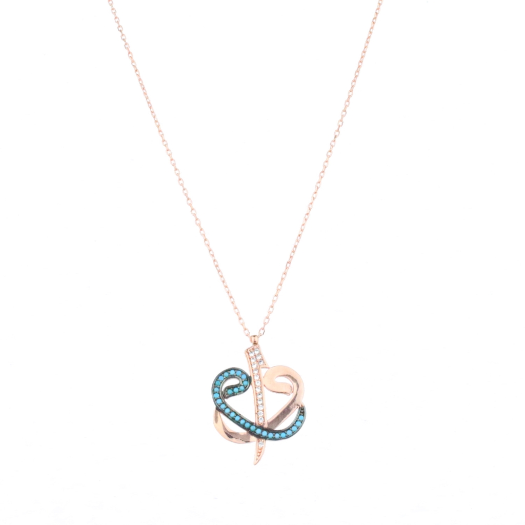 Firuze Ve Zirkon Taşlı Elif Vav Gold Rose Gümüş Kolye