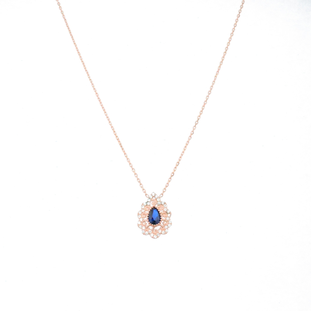 Damla Model Zirkon Mavi Taş Gold Rose Gümüş Kolye