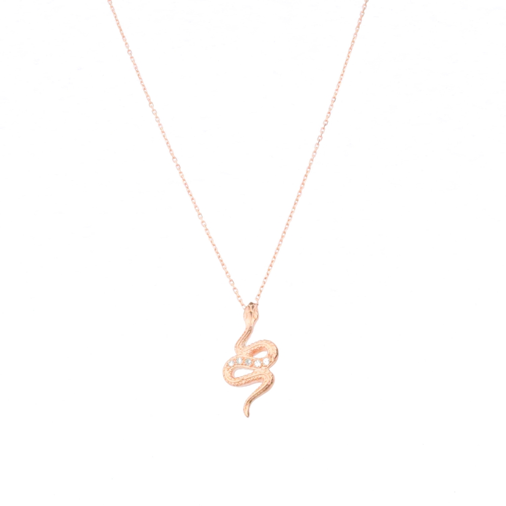 Zirkon Taşlı Yılan Figürlü Gold Rose Gümüş Kolye