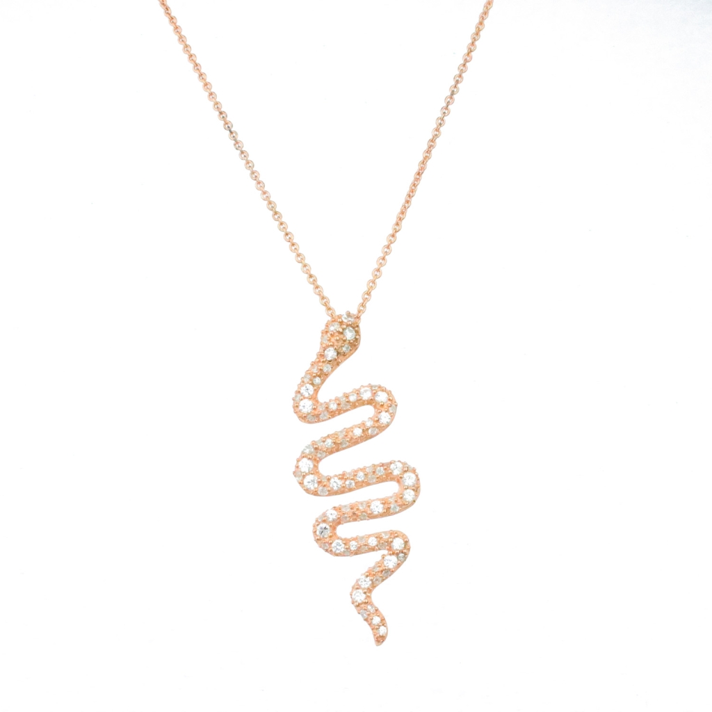 Zirkon Taş Yılan Figürlü Büyük Gold Rose Gümüş Kolye