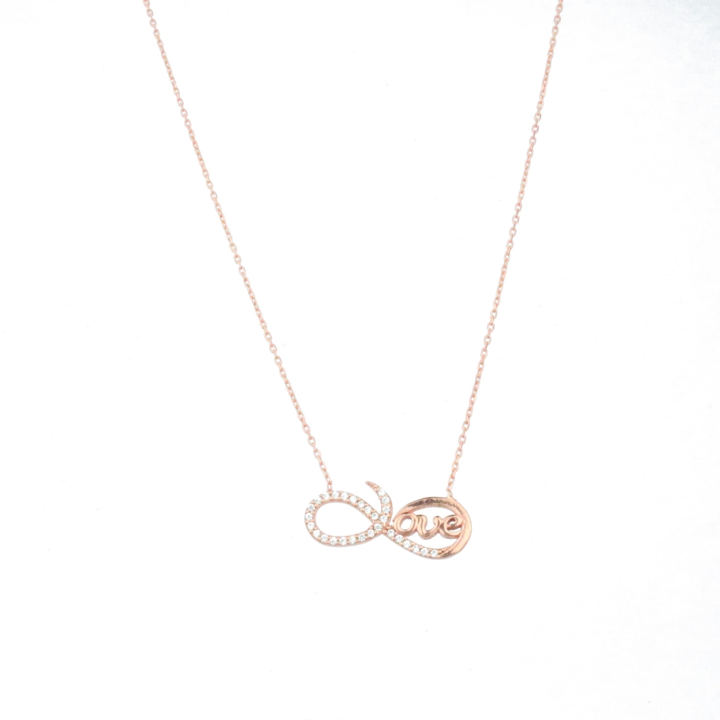 Zirkon Taş Sonsuzluk Figürlü Love Detay Gold Rose Gümüş Kolye