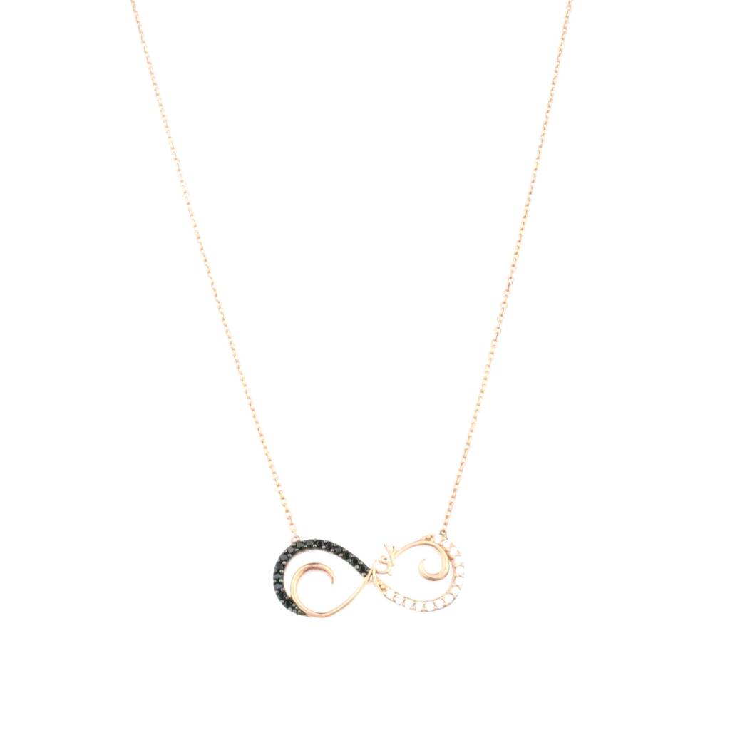 Beyaz Ve Siyah Zirkon Taşlı Sonsuzluk Model Gold Rose Gümüş Kolye