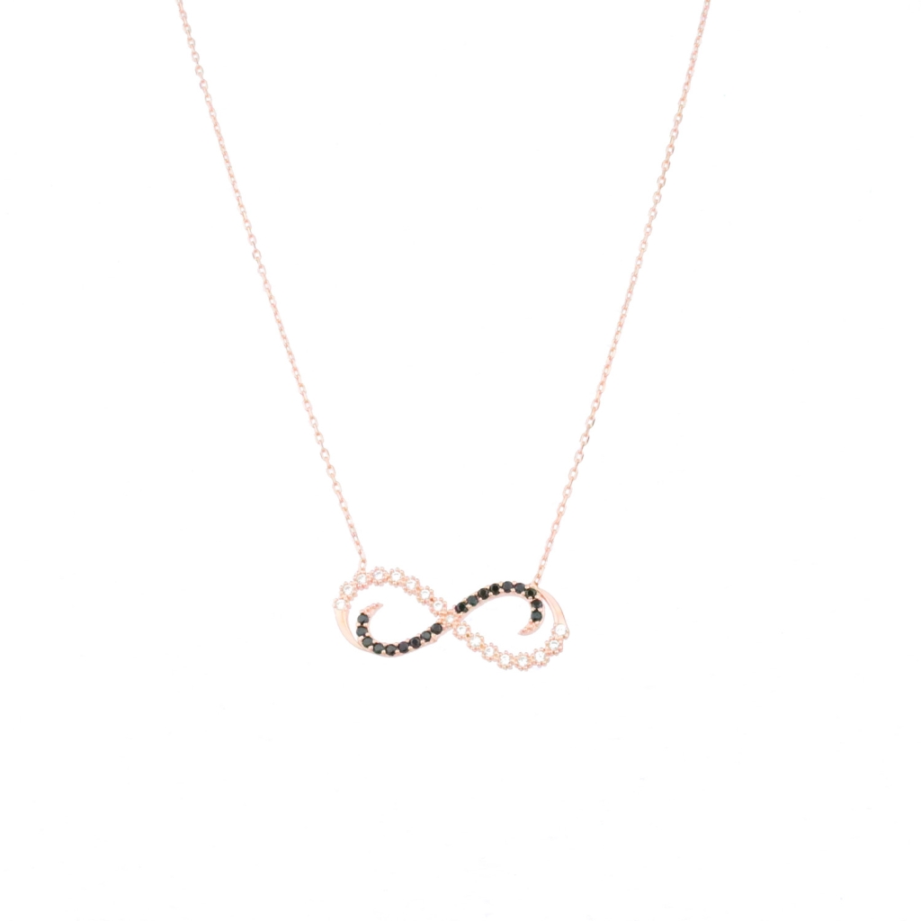 Sonsuzluk Model Siyah Ve Beyaz Zirkon Taşlı Gold Rose Gümüş Kolye