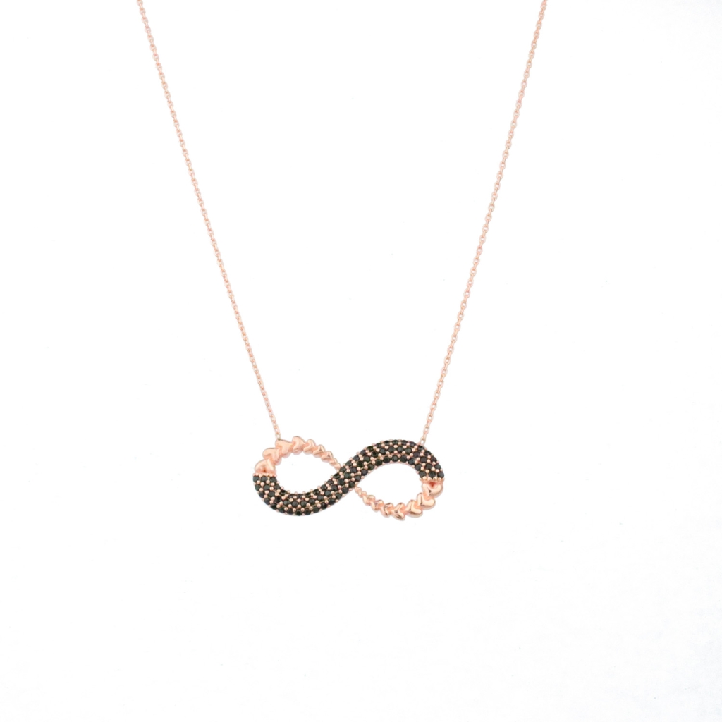 Siyah Zirkon Taşlı Sonsuzluk Model Gold Rose Gümüş Kolye