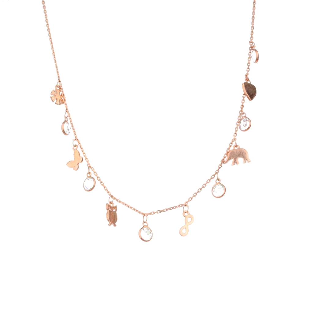 Sallantılı Zirkon Taşlı Gold Rose Gümüş Şans Kolyesi