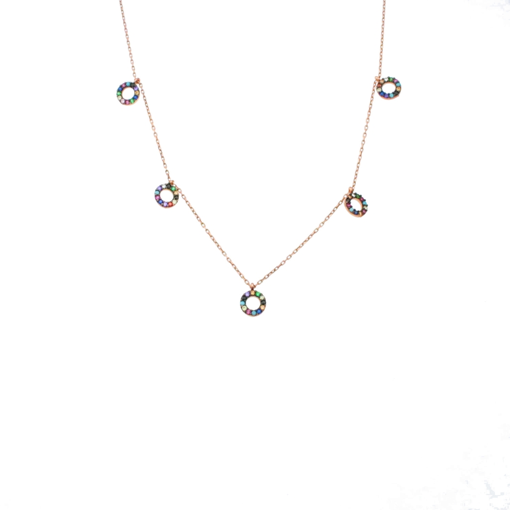 Renkli Zirkon Taşlı 5 Halkalı Sallantılı Gold Rose Gümüş Kolye