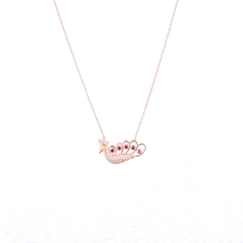 Tavus Kuşu Model Zirkon Taşlı Gold Rose Gümüş Kolye