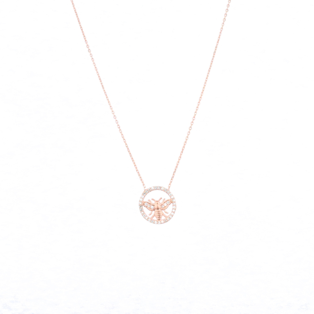 Çember Model Sinek Figürlü Zirkon Taşlı Gold Rose Gümüş Kolye