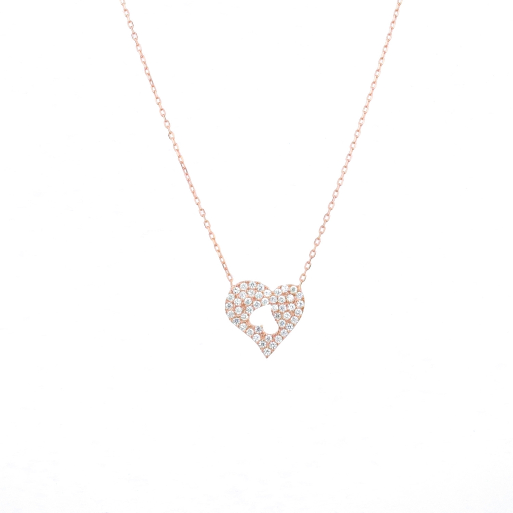 Kalp İçinde Kalp Motifli Zirkon Taşlı Gold Rose Gümüş Kolye