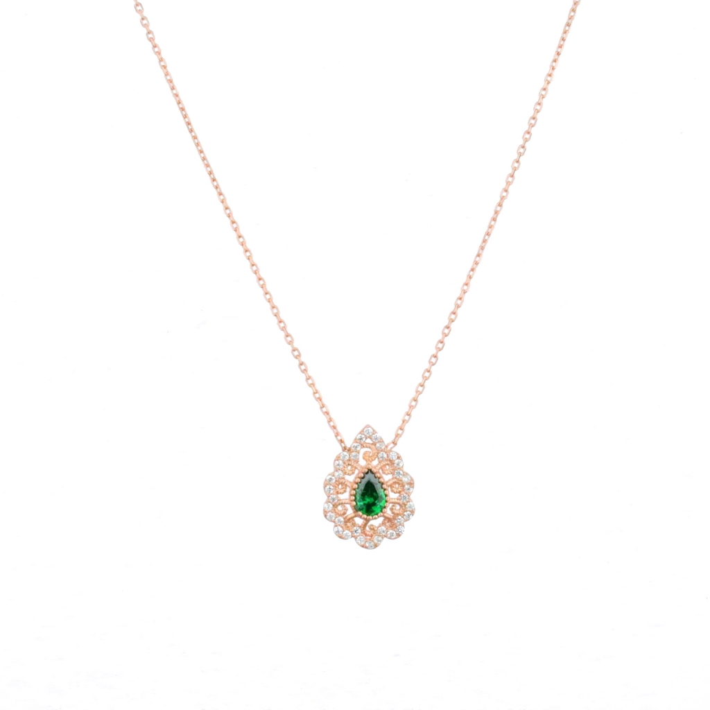 İşlemeli Damla Model Yeşil Zirkon Damla Taş Gold Rose Gümüş Kolye