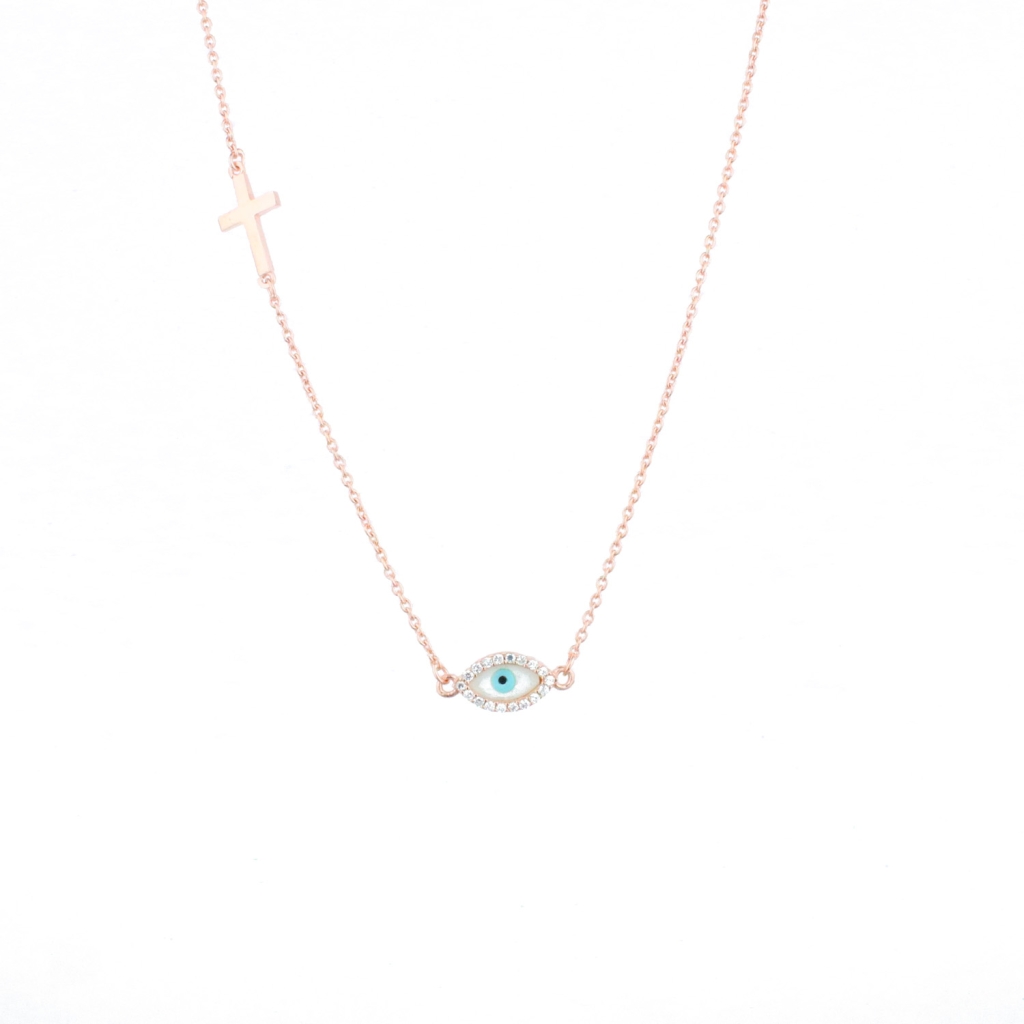 Göz Model Hac İşaretli Figürlü Gold Rose Gümüş Kolye