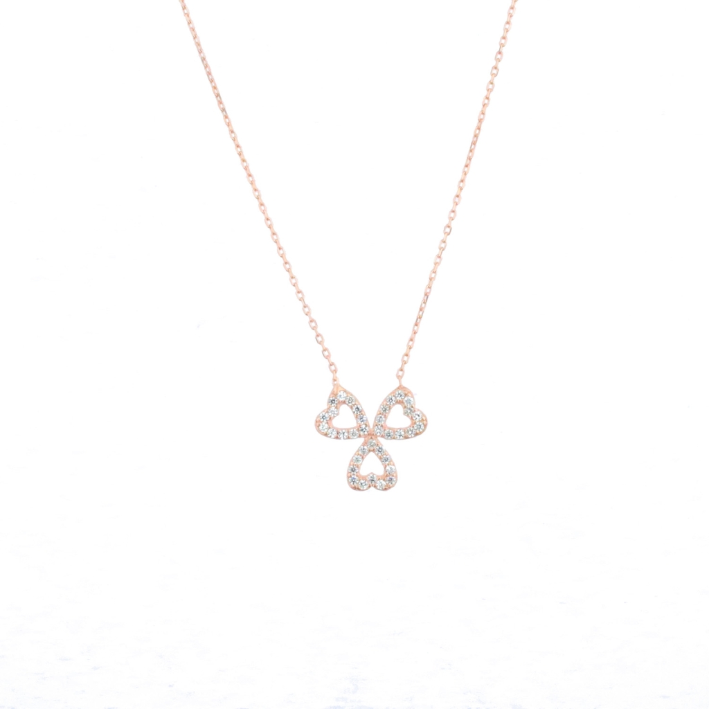 Zirkon Taşlı Üç Yapraklı Yonca Figürlü Gold Rose Gümüş Kolye