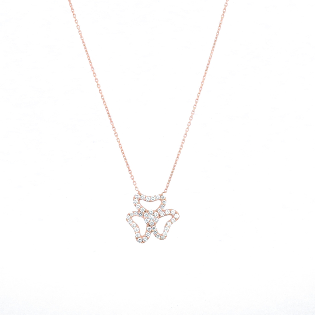 Zirkon Taşlı Üç Yapraklı Çiçek Model Gold Rose Gümüş Kolye